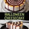 Collage image of a Halloween cheesecake with spiderweb chocolate design and orange icing, shown whole and sliced, featuring bold “Halloween Cheesecake” text.