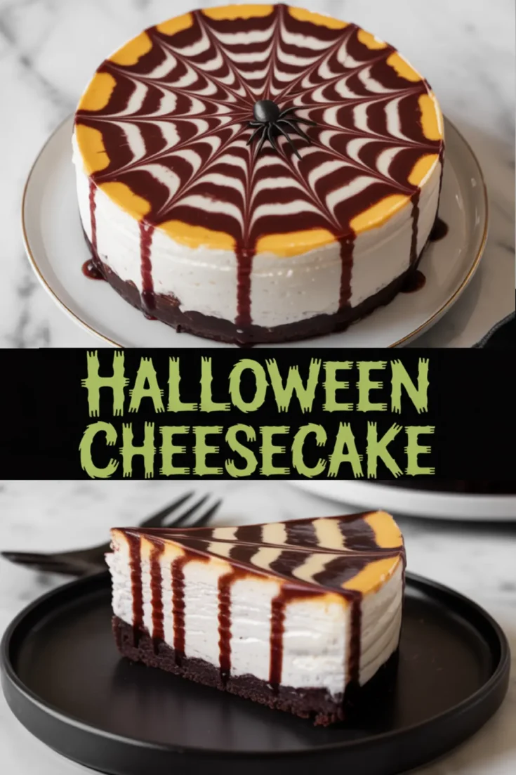 Collage image of a Halloween cheesecake with spiderweb chocolate design and orange icing, shown whole and sliced, featuring bold “Halloween Cheesecake” text.