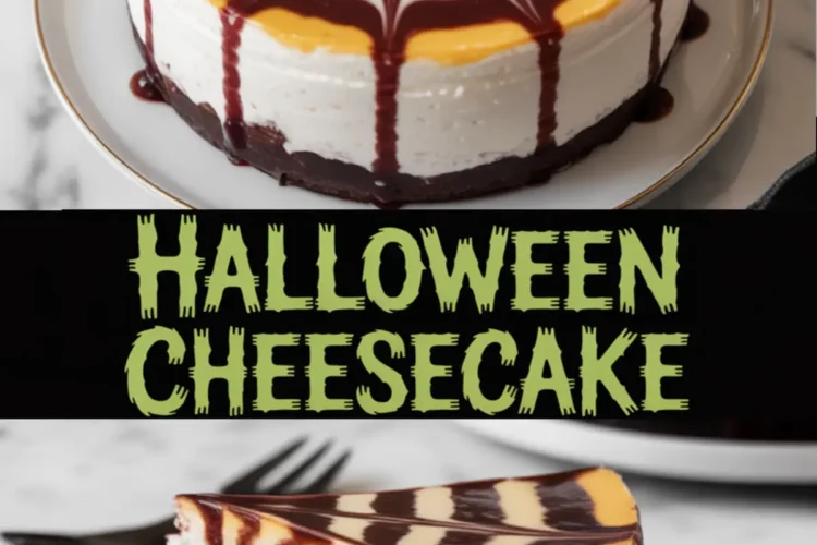 Collage image of a Halloween cheesecake with spiderweb chocolate design and orange icing, shown whole and sliced, featuring bold “Halloween Cheesecake” text.
