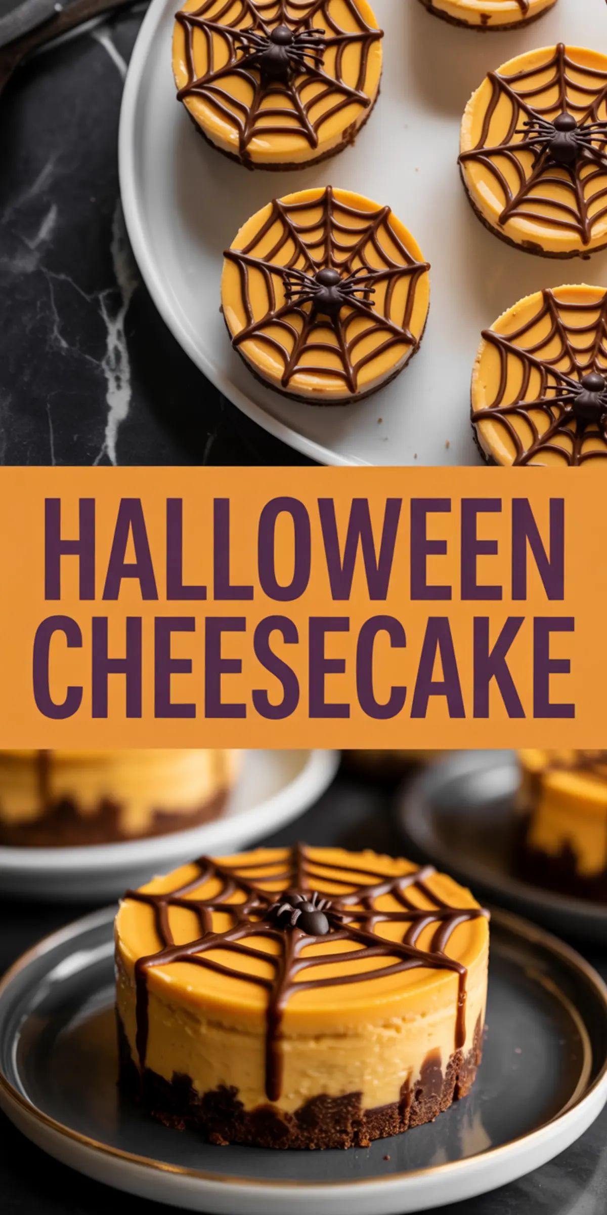 Collage image featuring mini Halloween cheesecakes with chocolate spiderweb designs on orange filling, text overlay reads “Halloween Cheesecake,” styled on black plates with a dark background.
