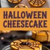 Collage image displaying Halloween-themed cheesecakes topped with chocolate spiderwebs and spider decorations, accompanied by bold text reading “Halloween Cheesecake,” ideal for spooky dessert boards.