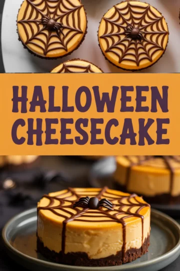 Collage image displaying Halloween-themed cheesecakes topped with chocolate spiderwebs and spider decorations, accompanied by bold text reading “Halloween Cheesecake,” ideal for spooky dessert boards.