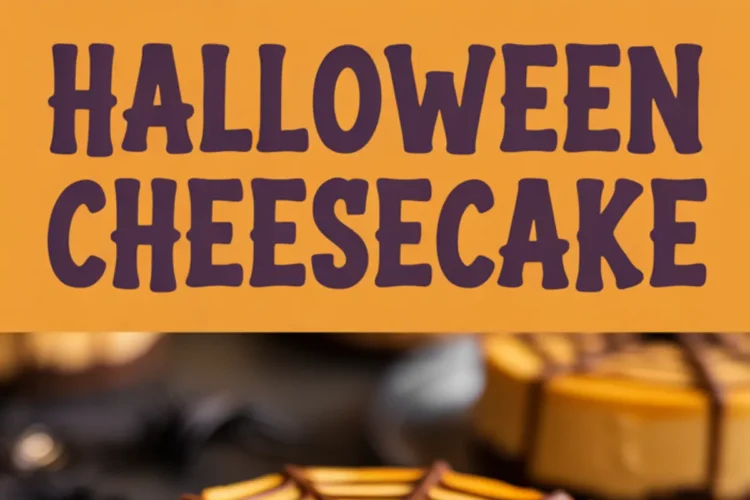 Collage image displaying Halloween-themed cheesecakes topped with chocolate spiderwebs and spider decorations, accompanied by bold text reading “Halloween Cheesecake,” ideal for spooky dessert boards.