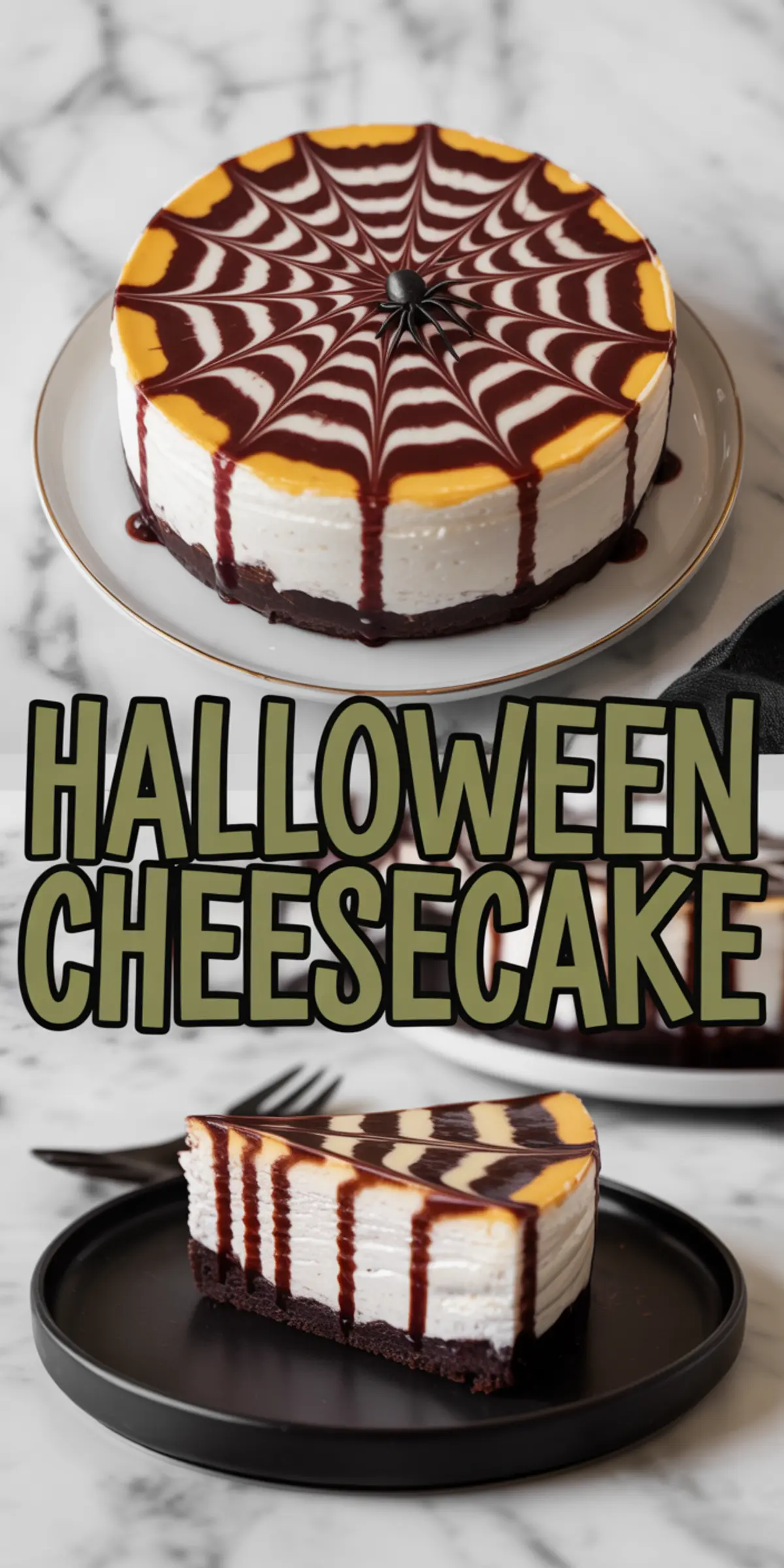 Collage of a Halloween-themed cheesecake with dark chocolate crust and dripping spiderweb topping, with stylized text that reads “Halloween Cheesecake.”