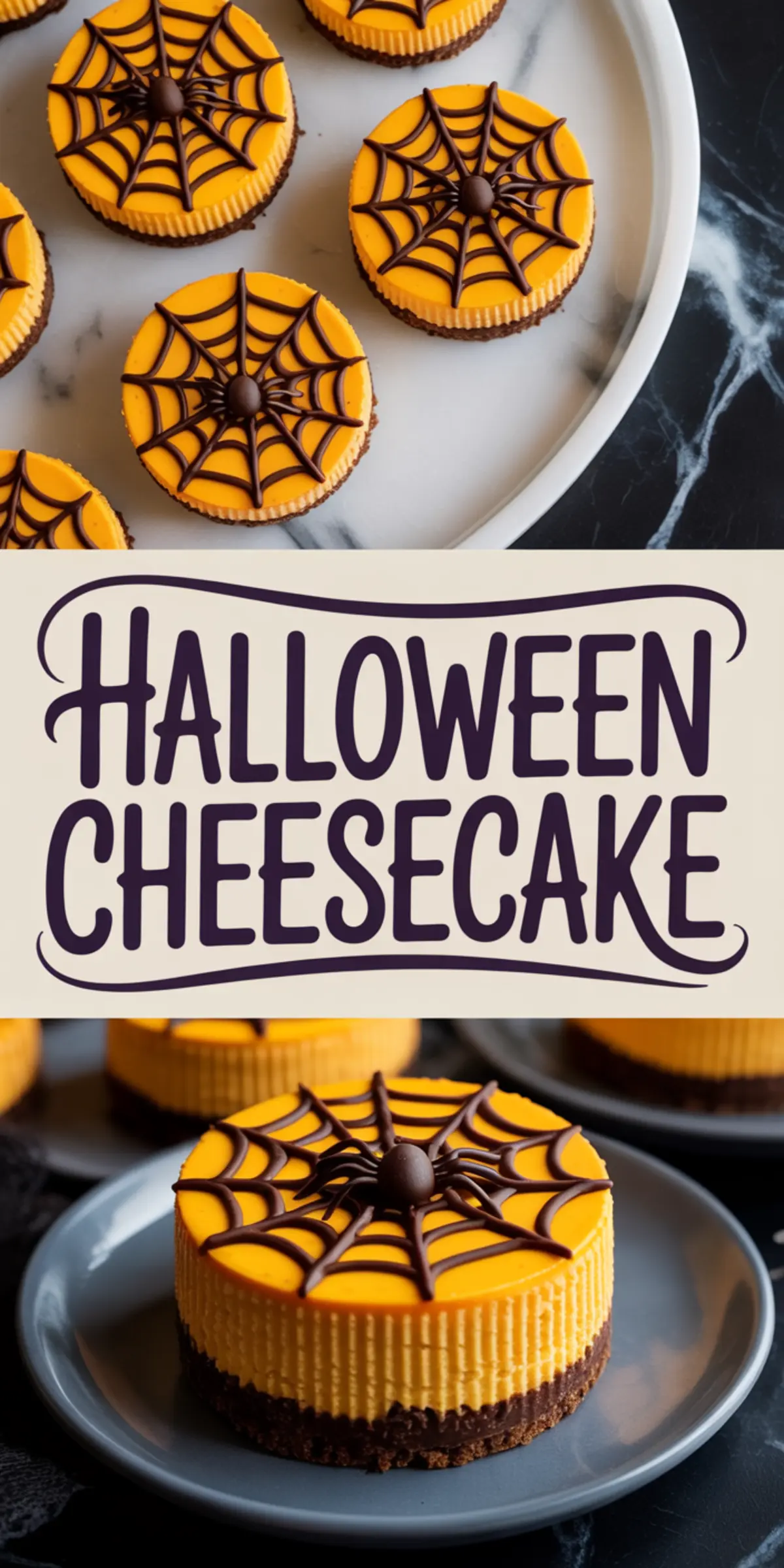 Collage image showcasing vibrant mini Halloween cheesecakes with piped chocolate spiderwebs and chocolate spiders, text overlay reads “Halloween Cheesecake,” styled on gray plates and white serving tray.