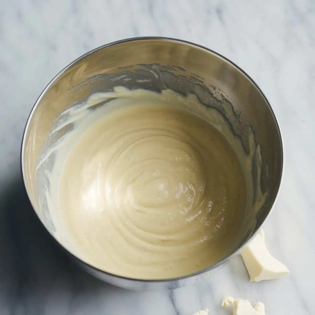 Smooth and creamy cheesecake batter in a stainless steel mixing bowl on a marble countertop.