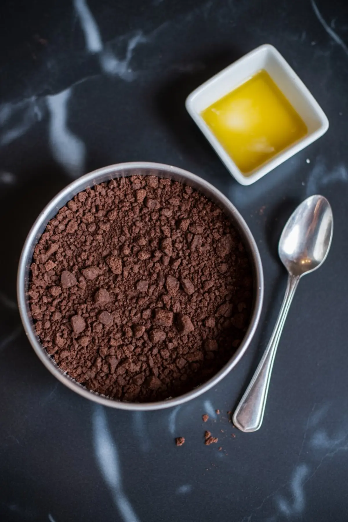Top-down view of a bowl filled with crushed chocolate cookie crumbs beside a small dish of melted butter and a metal spoon, set on a black marble surface for making cheesecake crust.
