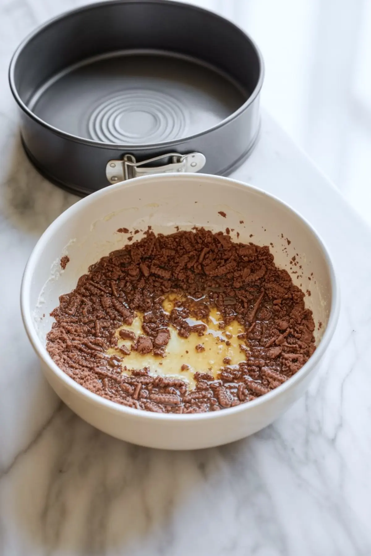 Crushed chocolate sandwich cookies with melted butter in a white mixing bowl, set on a marble counter beside a springform pan, for making a cheesecake crust.