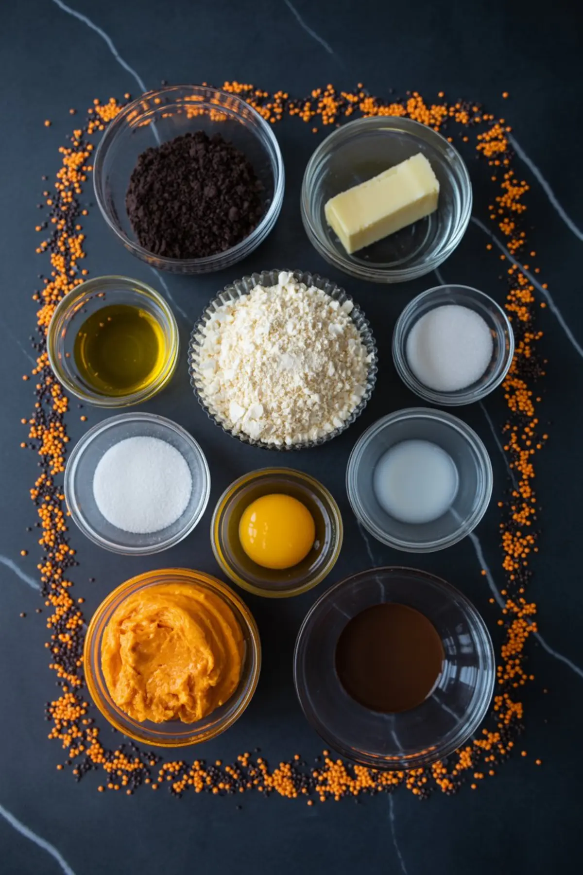 Flat lay of cheesecake ingredients including cocoa cookie crumbs, butter, flour, sugar, egg yolk, pumpkin puree, oil, milk, and melted chocolate arranged in bowls over a dark surface with scattered orange and black sprinkles.
