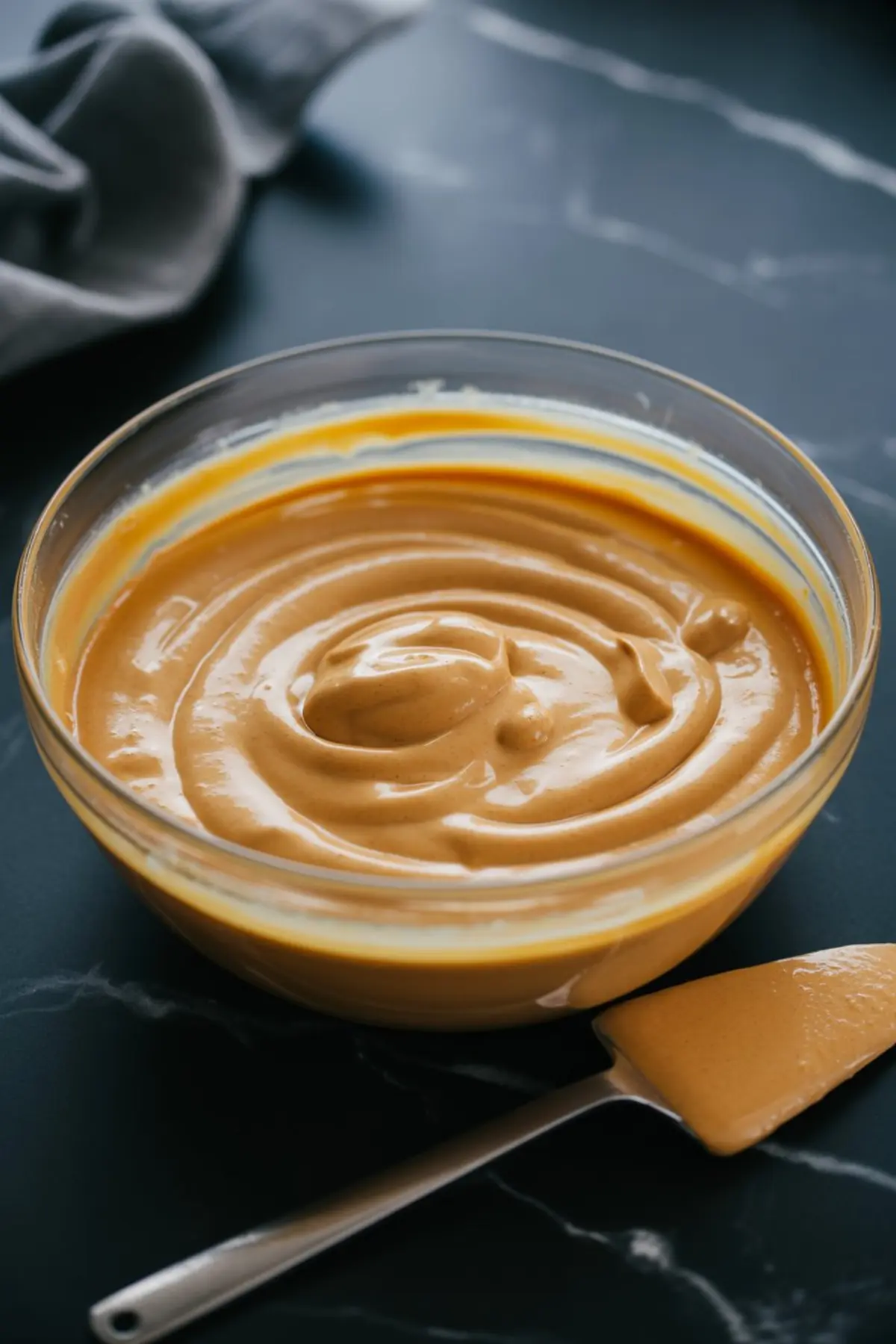Glass bowl of smooth pumpkin cheesecake batter with rich orange tones, resting on a black surface beside a spatula coated with the creamy mixture.
