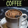Festive Halloween coffee with spiderweb latte art in a white mug, decorated with a black plastic spider. The design is paired with bold “Halloween Coffee” text, displayed above the mug on a dark background.