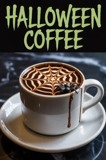 Festive Halloween coffee with spiderweb latte art in a white mug, decorated with a black plastic spider. The design is paired with bold “Halloween Coffee” text, displayed above the mug on a dark background.