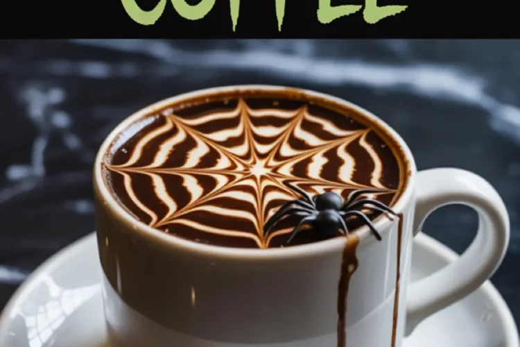 Festive Halloween coffee with spiderweb latte art in a white mug, decorated with a black plastic spider. The design is paired with bold “Halloween Coffee” text, displayed above the mug on a dark background.