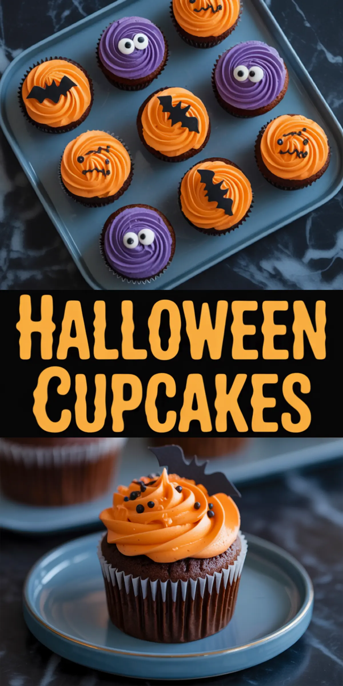 Overhead view of homemade Halloween cupcakes in orange and purple frosting, some topped with candy eyes, bats, and spooky black icing designs. The lower half features a chocolate cupcake with a swirl of orange frosting, tiny black sprinkles, and a bat topper displayed on a plate.