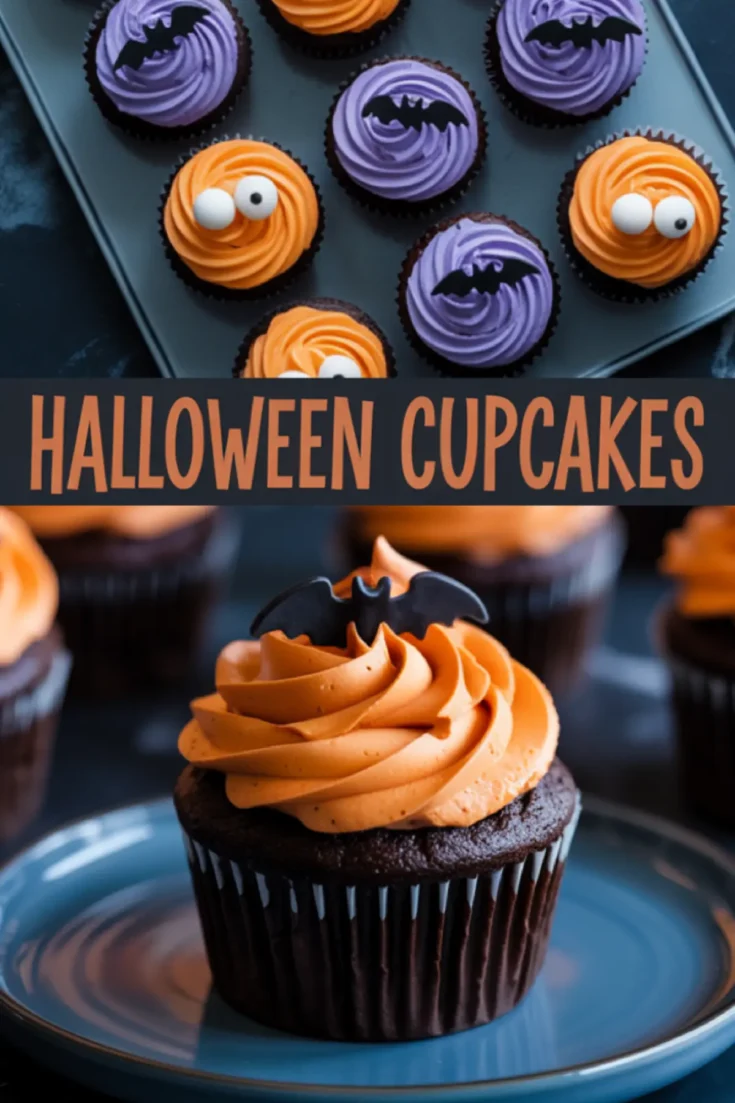 Chocolate Halloween cupcakes decorated with swirls of orange and purple frosting in a baking tray, topped with candy eyes and edible bat toppers. The bottom portion highlights a close-up cupcake with orange frosting and a bat decoration, styled as a festive Halloween treat.