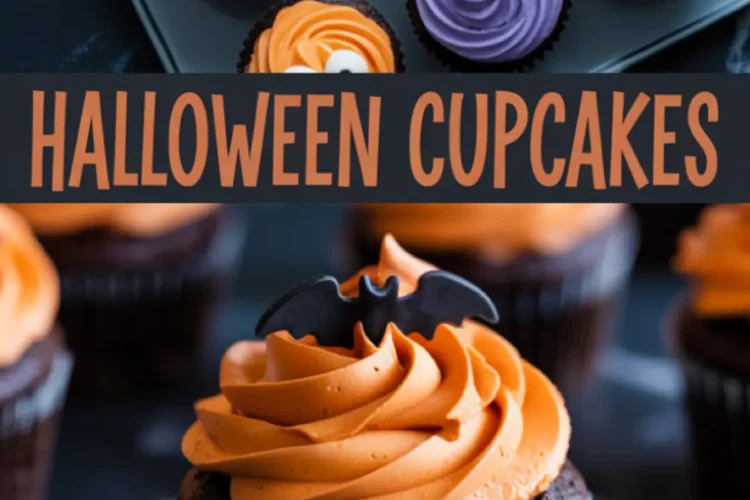 Chocolate Halloween cupcakes decorated with swirls of orange and purple frosting in a baking tray, topped with candy eyes and edible bat toppers. The bottom portion highlights a close-up cupcake with orange frosting and a bat decoration, styled as a festive Halloween treat.