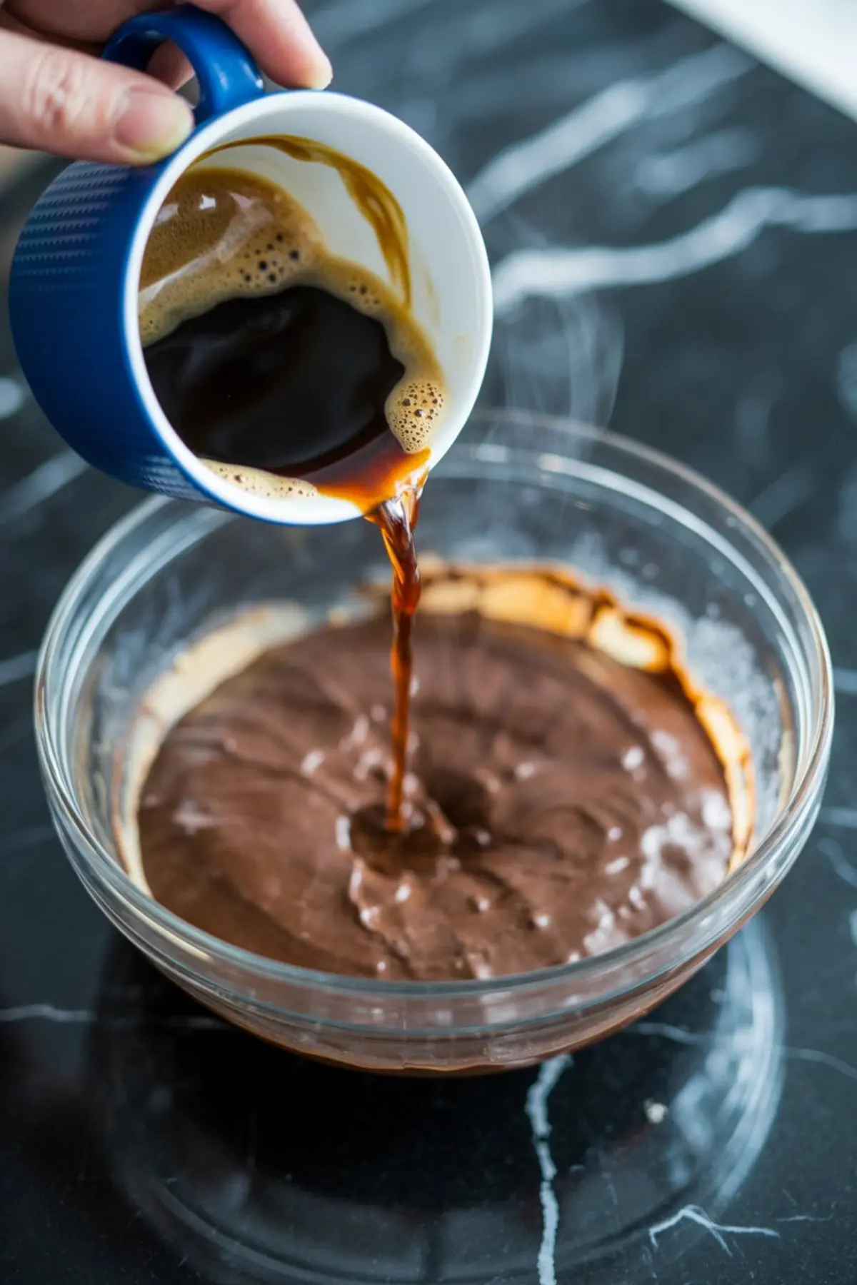 Freshly brewed coffee is poured from a blue ceramic mug into a glass bowl of rich chocolate batter, showing the step where hot liquid enhances the depth of flavor in homemade chocolate cupcakes.