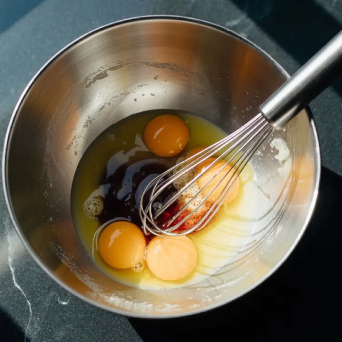 A stainless steel mixing bowl holds cracked eggs, sugar, vanilla extract, and melted butter, with a metal whisk resting inside, capturing the start of making a moist chocolate cake batter.