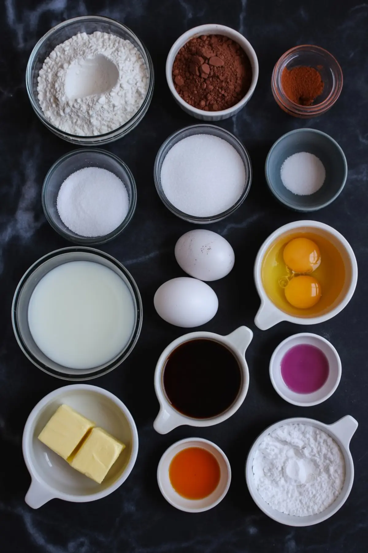 Overhead view of assorted baking ingredients neatly arranged in bowls, including flour, cocoa powder, sugar, milk, butter, eggs, vanilla extract, cinnamon, and food coloring, set on a dark marble surface for a cupcake recipe.
