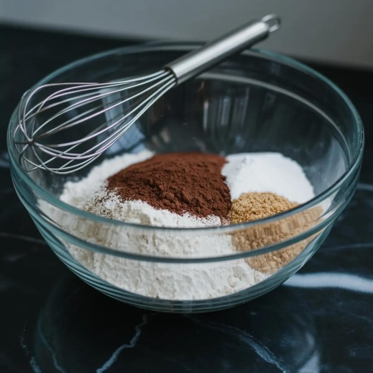 A clear glass bowl filled with dry baking ingredients including flour, cocoa powder, brown sugar, and white sugar sits on a dark counter, with a whisk placed across the rim, ready to be blended for a cake mixture.