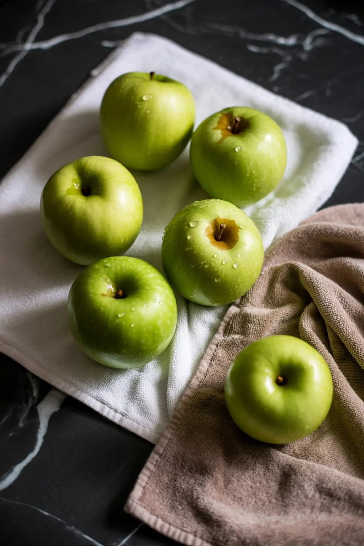 Fresh green apples with water droplets resting on white and brown towels, arranged for drying before dessert preparation.
