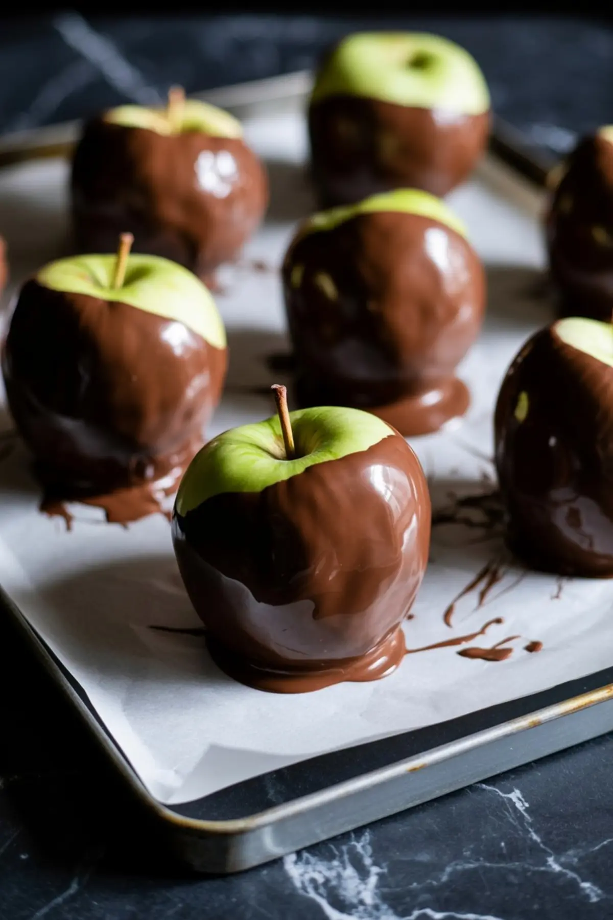 Tray of Granny Smith apples dipped halfway in glossy melted milk chocolate, resting on parchment paper for cooling and setting.
