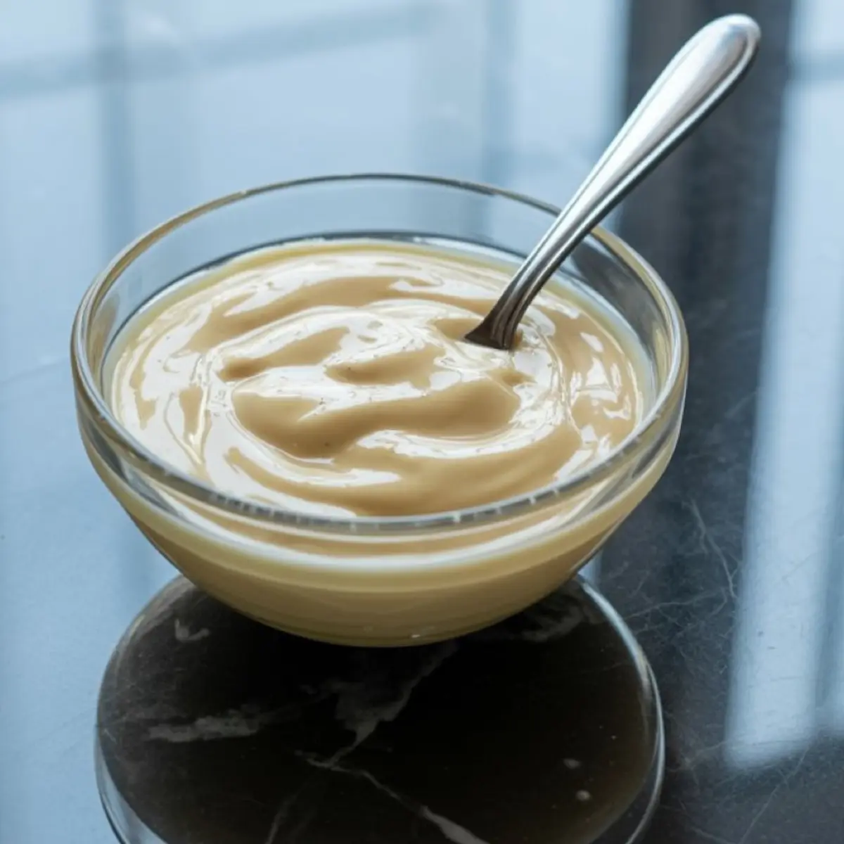 Close-up of a clear glass bowl filled with smooth homemade caramel sauce, with a metal spoon resting inside on a black marble surface.
