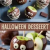 Halloween-themed chocolate-dipped apples decorated with candy eyes, white chocolate drizzle, and candy teeth on a tray, with text overlay “HALLOWEEN DESSEERT” and close-up of a monster-faced caramel apple.