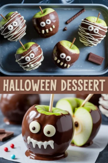 Halloween-themed chocolate-dipped apples decorated with candy eyes, white chocolate drizzle, and candy teeth on a tray, with text overlay “HALLOWEEN DESSEERT” and close-up of a monster-faced caramel apple.