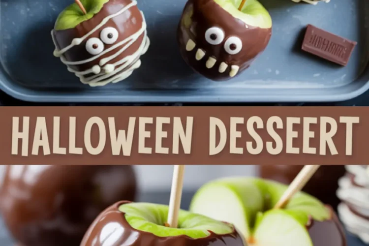 Halloween-themed chocolate-dipped apples decorated with candy eyes, white chocolate drizzle, and candy teeth on a tray, with text overlay “HALLOWEEN DESSEERT” and close-up of a monster-faced caramel apple.