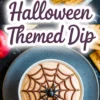 Vertical collage featuring a Halloween-themed dessert dip with a chocolate spiderweb design in a white ramekin, surrounded by apple slices, pretzels, and graham crackers, alongside a close-up swirl of the light orange dip on a blue-gray plate, styled for spooky season treats.