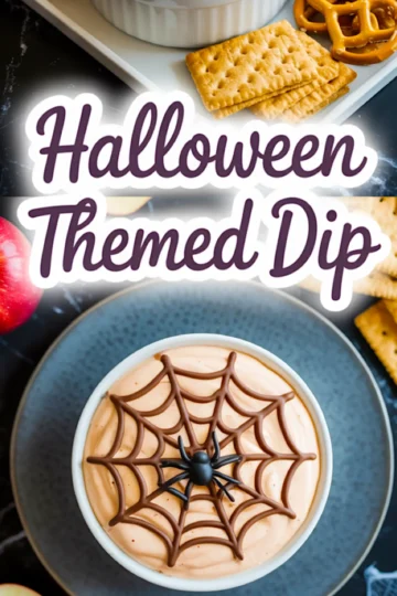 Vertical collage featuring a Halloween-themed dessert dip with a chocolate spiderweb design in a white ramekin, surrounded by apple slices, pretzels, and graham crackers, alongside a close-up swirl of the light orange dip on a blue-gray plate, styled for spooky season treats.