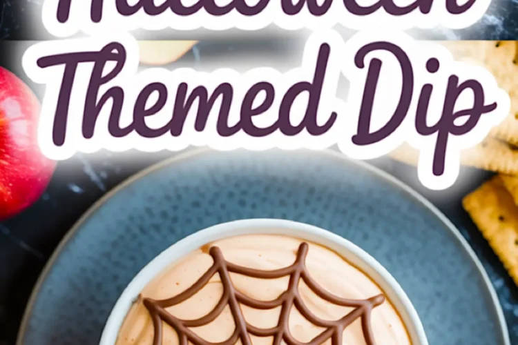 Vertical collage featuring a Halloween-themed dessert dip with a chocolate spiderweb design in a white ramekin, surrounded by apple slices, pretzels, and graham crackers, alongside a close-up swirl of the light orange dip on a blue-gray plate, styled for spooky season treats.