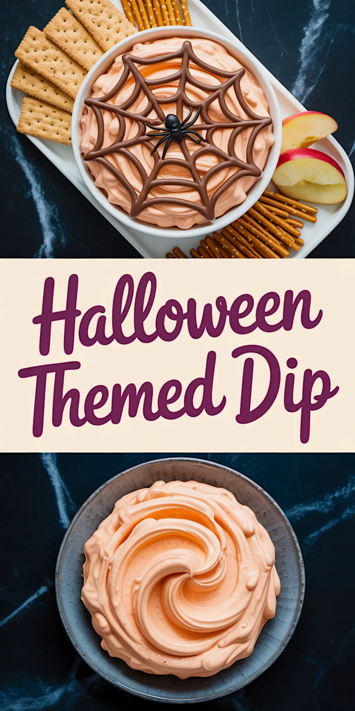 Three-part collage showcasing a Halloween dessert dip with a chocolate spiderweb and black spider topper, styled with crackers, apples, and pretzels, with two close-up views of the vibrant orange whipped dip in a dramatic swirl on gray ceramic plates.