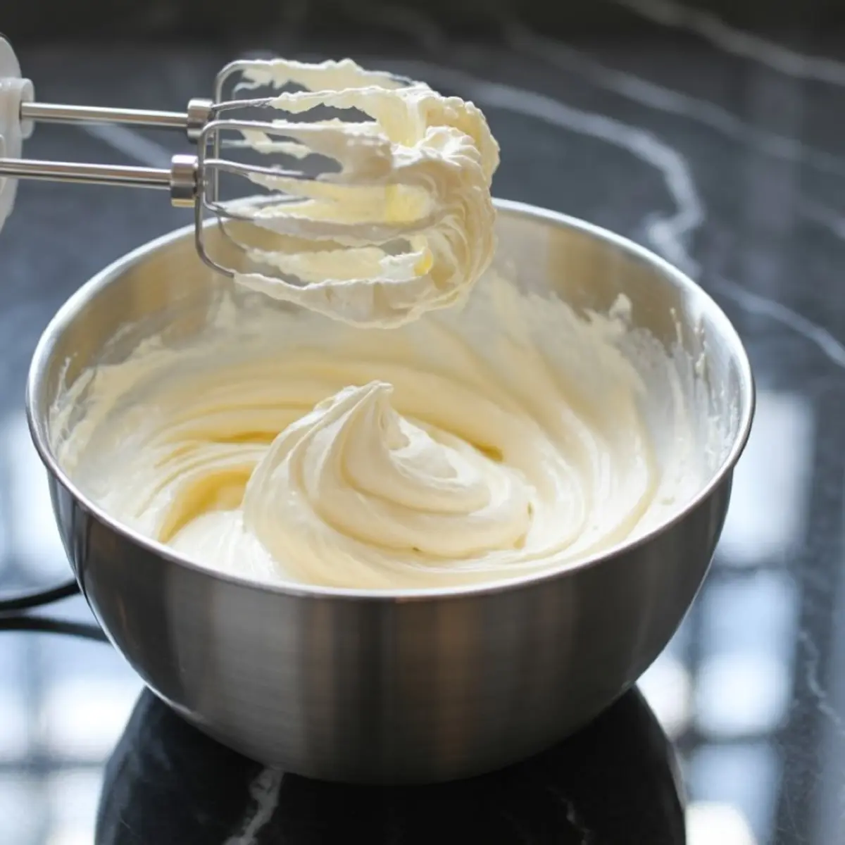 Whipped cream cheese mixture with soft peaks in a metal mixing bowl, captured with electric beaters above, representing a creamy dessert dip base or frosting in the making.