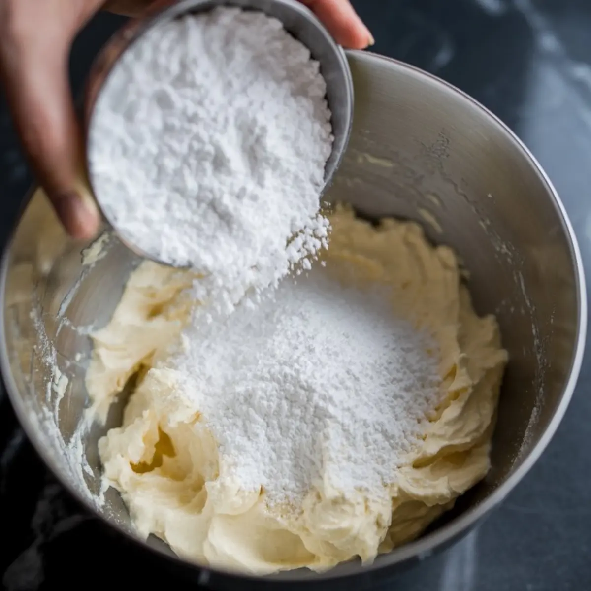 Hand pouring powdered sugar into a mixing bowl filled with whipped cream cheese, captured mid-preparation on a dark marble countertop, ideal for dessert dip recipes and fall baking inspiration.
