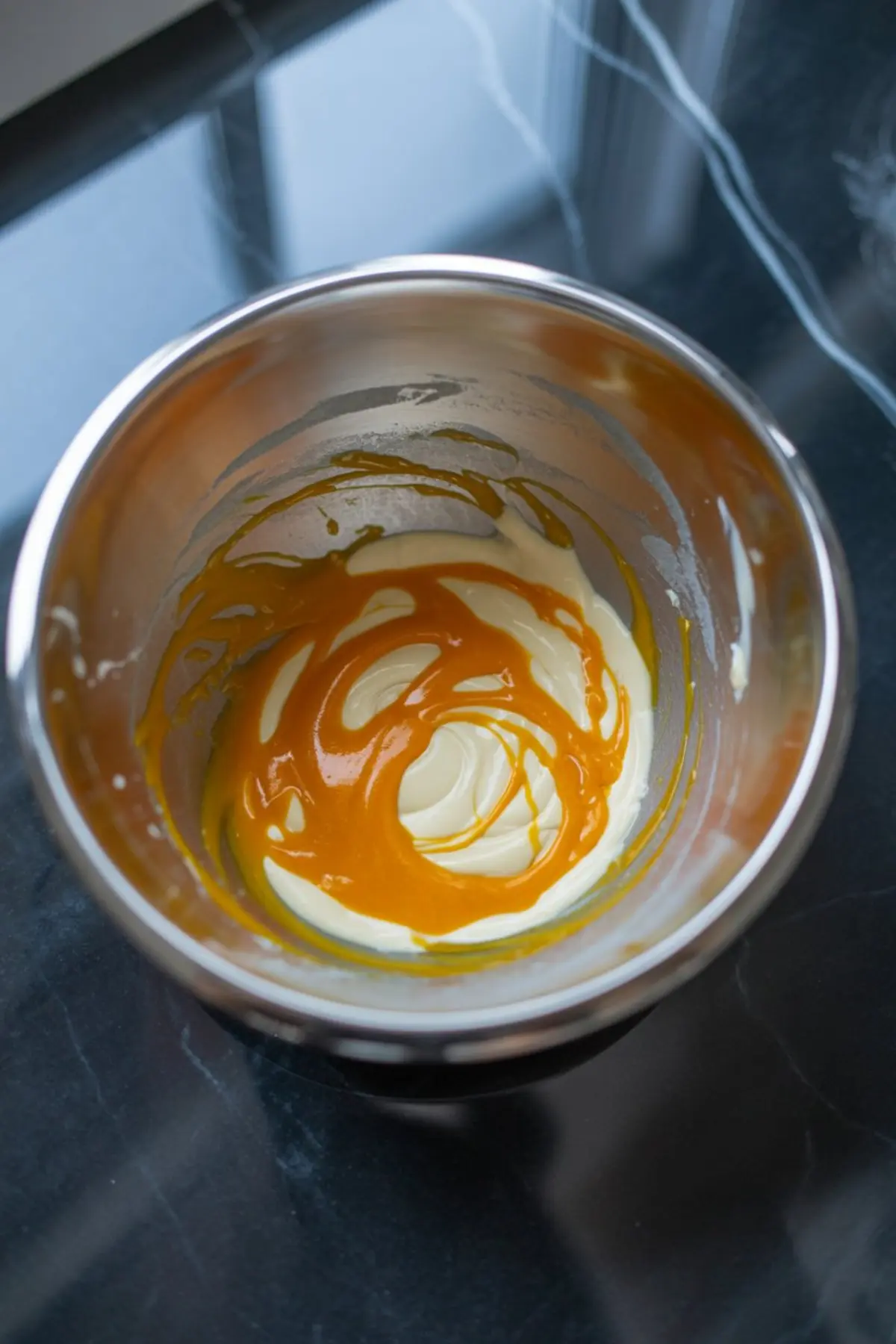 Top view of a mixing bowl with cream cheese and vibrant orange caramel sauce swirled together, showing a partially blended base for a festive dessert dip recipe.