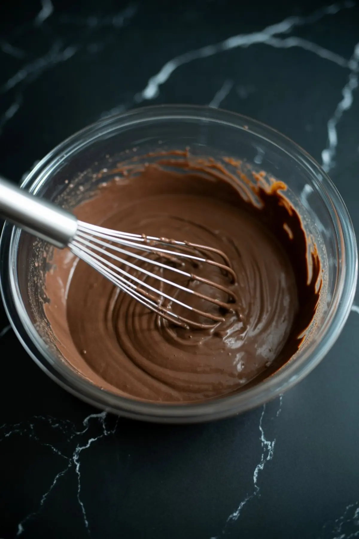 Glass bowl filled with smooth chocolate pudding mixture being whisked on a black marble countertop.
