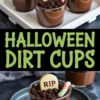 Chocolate Halloween dirt cups topped with crushed cookies, gummy worms, and white chocolate tombstones labeled “RIP” served on a white tray.