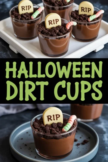 Chocolate Halloween dirt cups topped with crushed cookies, gummy worms, and white chocolate tombstones labeled “RIP” served on a white tray.