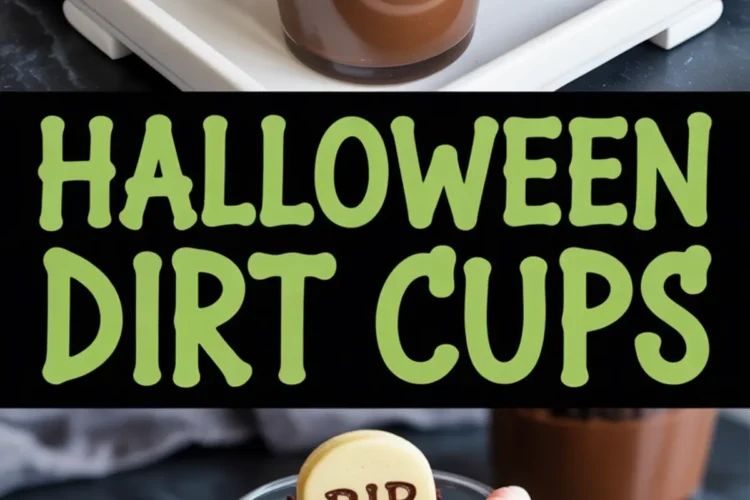 Chocolate Halloween dirt cups topped with crushed cookies, gummy worms, and white chocolate tombstones labeled “RIP” served on a white tray.