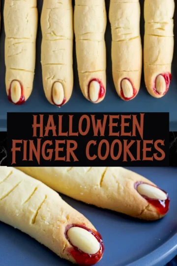 Halloween-themed almond finger cookies on a baking tray with realistic finger shapes, almond nails, and red jam at the tips, paired with spooky “Halloween Finger Cookies” text overlay in horror-style font.