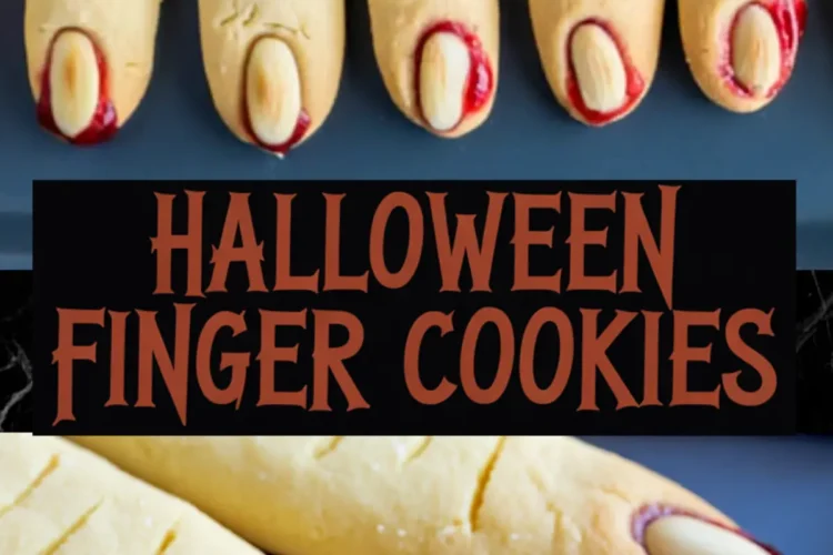 Halloween-themed almond finger cookies on a baking tray with realistic finger shapes, almond nails, and red jam at the tips, paired with spooky “Halloween Finger Cookies” text overlay in horror-style font.