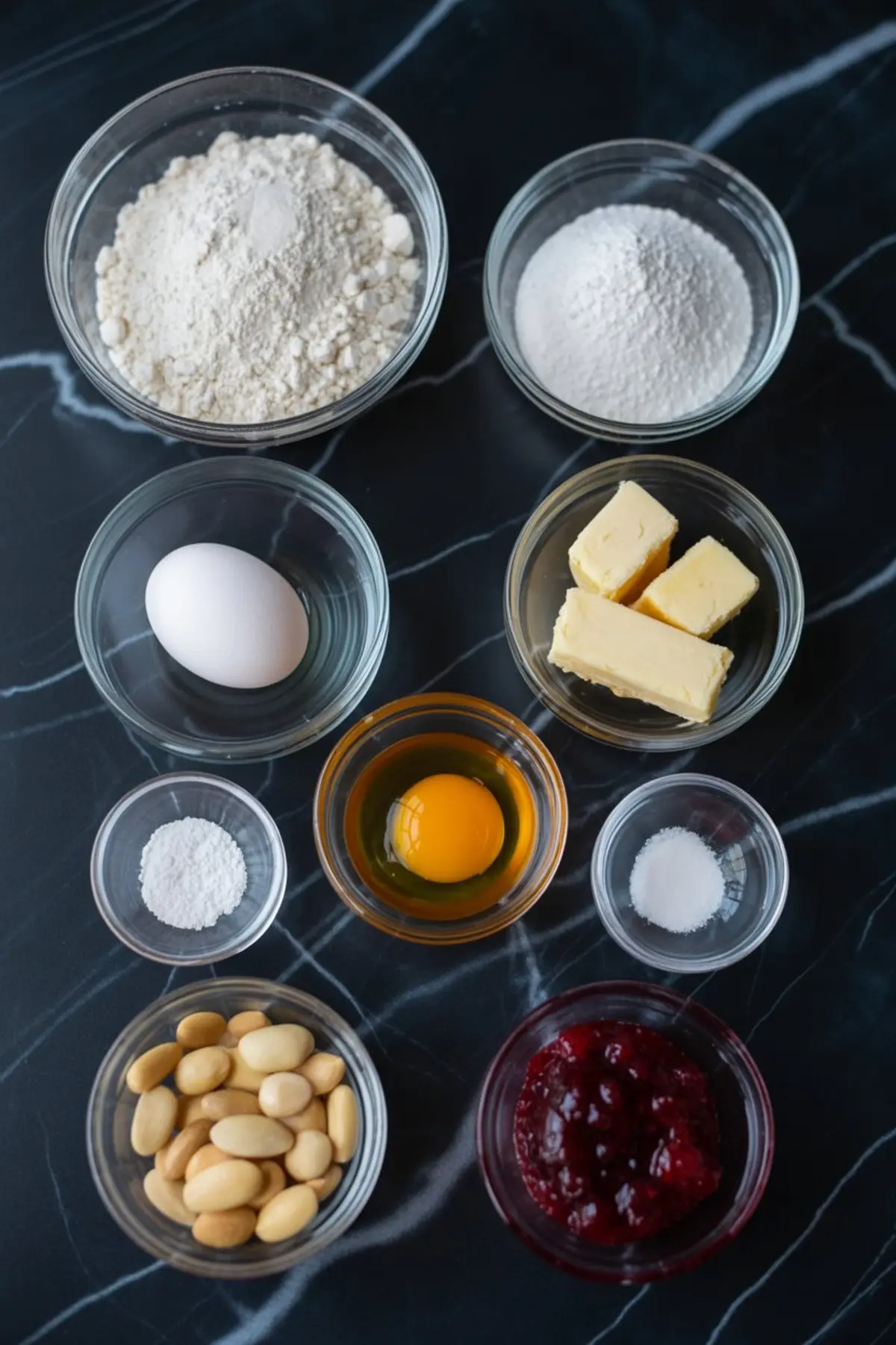 Flat lay of Halloween finger cookie ingredients in small glass bowls, including flour, powdered sugar, butter, egg, almonds, baking powder, salt, and red jam on a dark marble surface.