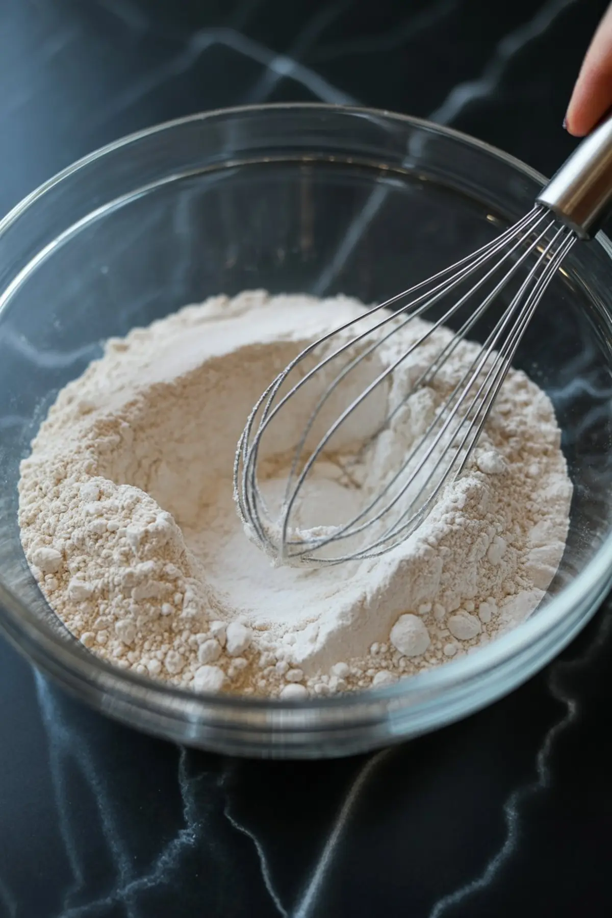 Clear glass mixing bowl filled with dry ingredients including all-purpose flour, baking powder, and salt, being whisked on a dark marble countertop.