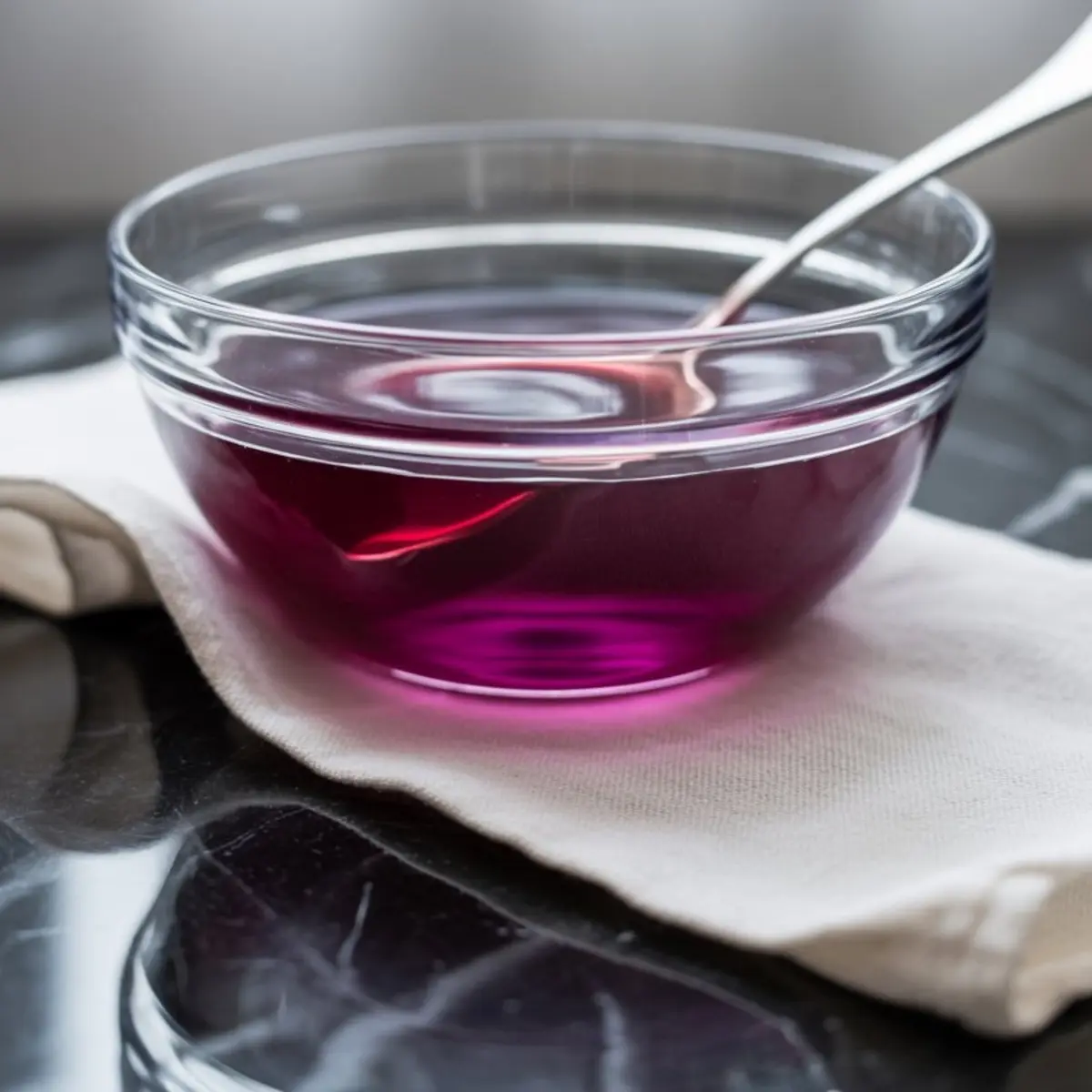 Clear glass bowl filled with vibrant magenta liquid on a folded white cloth, placed on a reflective black marble surface with a metal spoon inside.