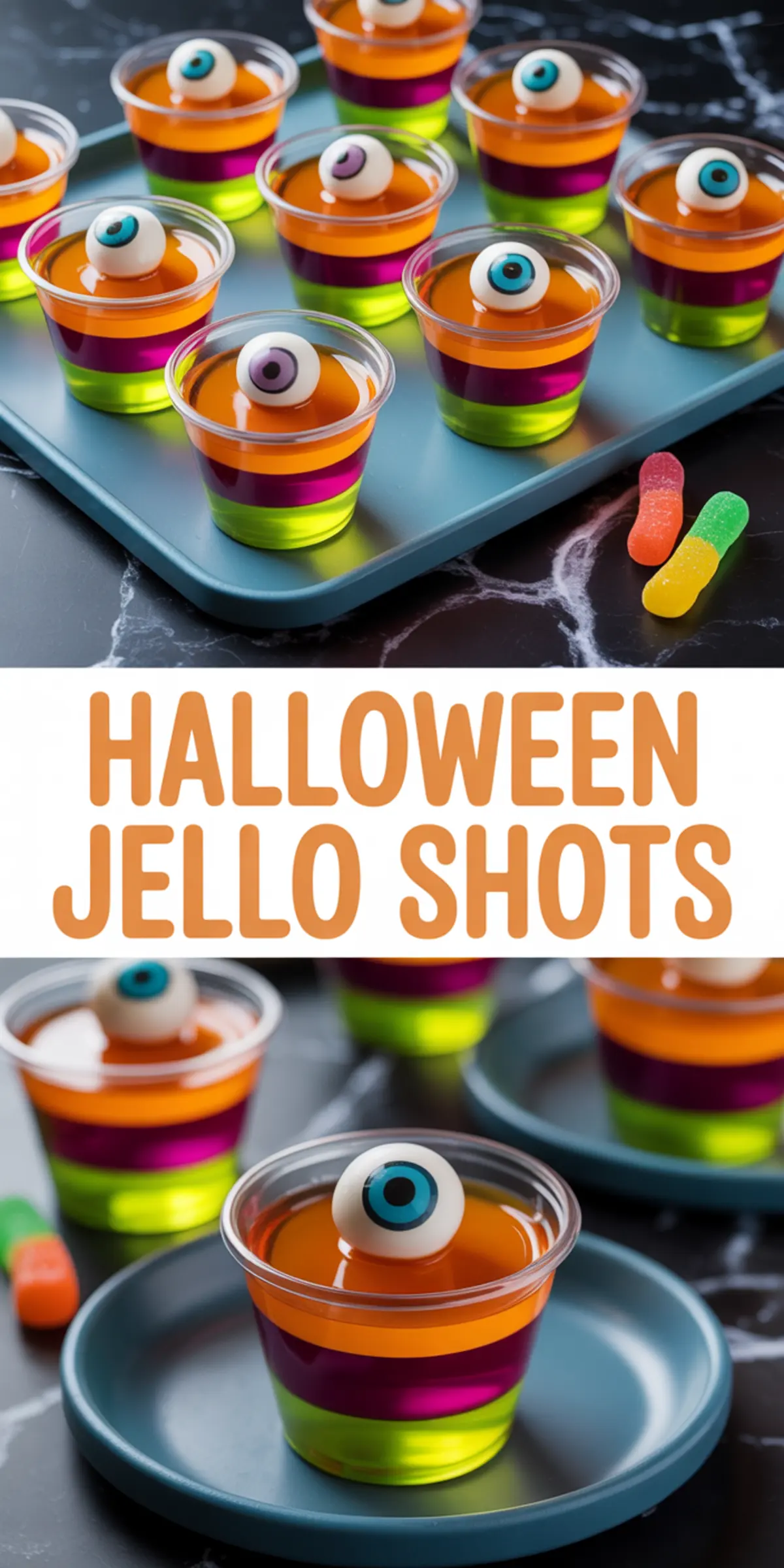 Collage showing layered Halloween Jello shots in plastic cups with green, purple, and orange gelatin stripes, topped with candy eyeballs, displayed on a tray with gummy worms.