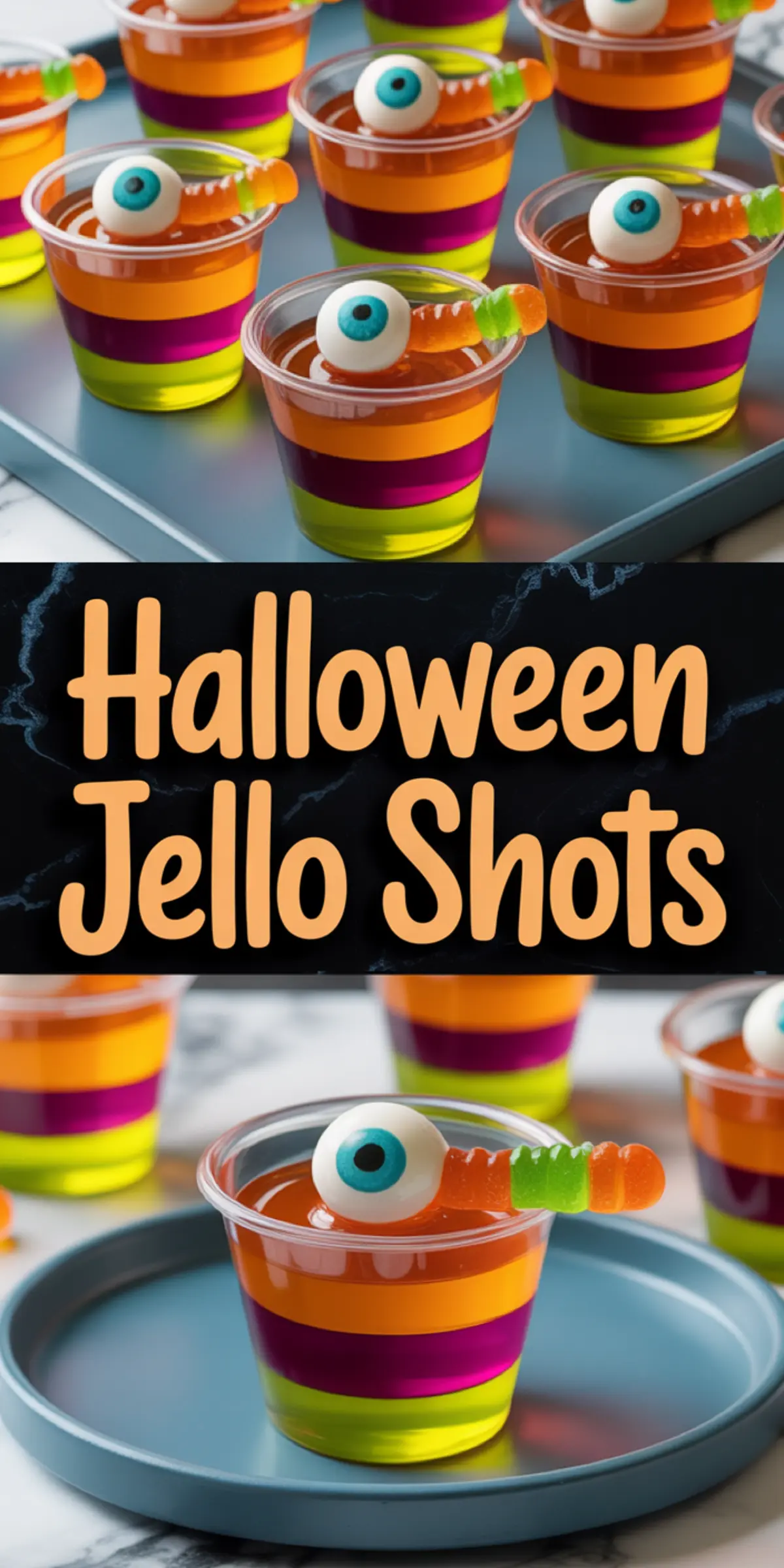 Collage displaying striped Halloween Jello shots in vivid layers of green, purple, and orange, each topped with a blue candy eyeball and colorful gummy worm, with bold text reading “Halloween Jello Shots.”