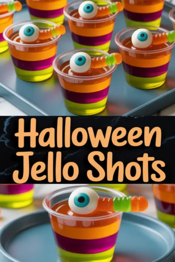 Collage displaying striped Halloween Jello shots in vivid layers of green, purple, and orange, each topped with a blue candy eyeball and colorful gummy worm, with bold text reading “Halloween Jello Shots.”