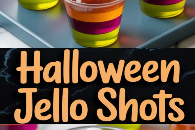 Collage displaying striped Halloween Jello shots in vivid layers of green, purple, and orange, each topped with a blue candy eyeball and colorful gummy worm, with bold text reading “Halloween Jello Shots.”